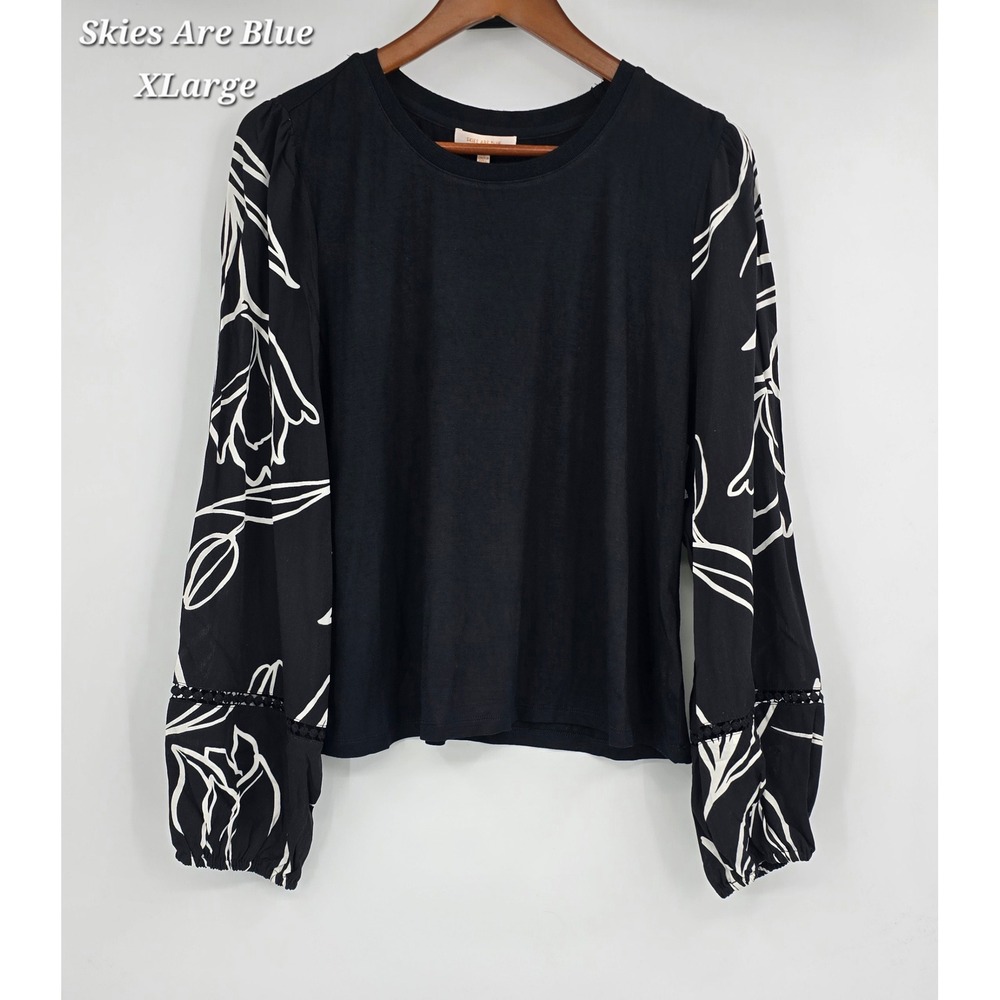 Skies Are Blue XL Black Floral Balloon Sleeve Knit Top Boho Cottagecore‎ NWT